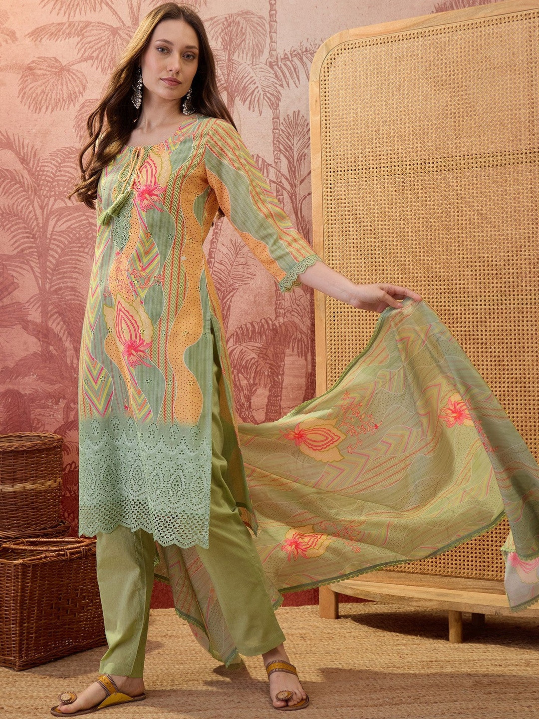 Floral Printed Round Neck Lace Hem Kurta & Trousers With Dupatta