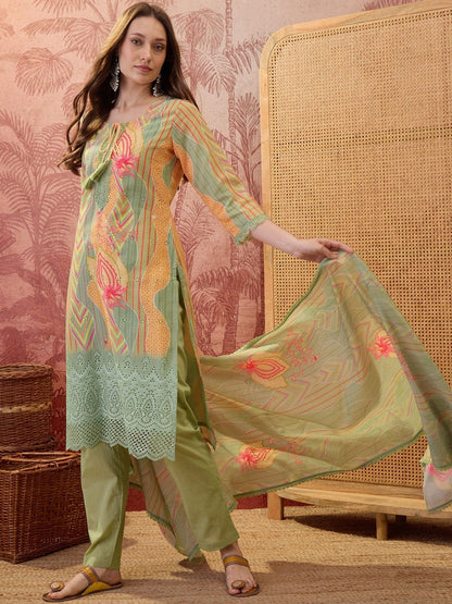 Floral Printed Round Neck Lace Hem Kurta & Trousers With Dupatta