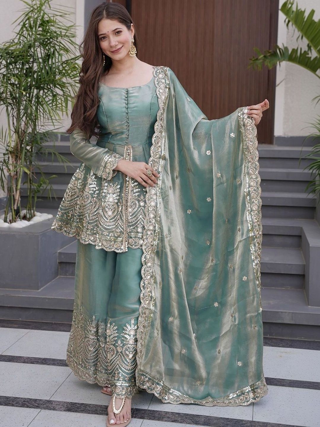 Dhiyona SN Embroidere Square Neck Kurta & Palazzos Kurta Sets