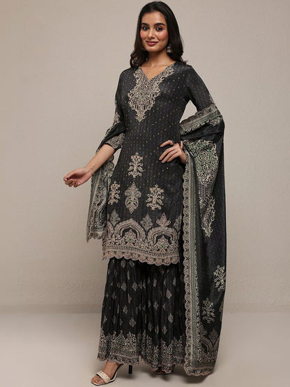 Dhiyona LL Women Ethnic Motifs Printed Regular Thread Work Silk Crepe Kurta with Sharara & With Dupatta