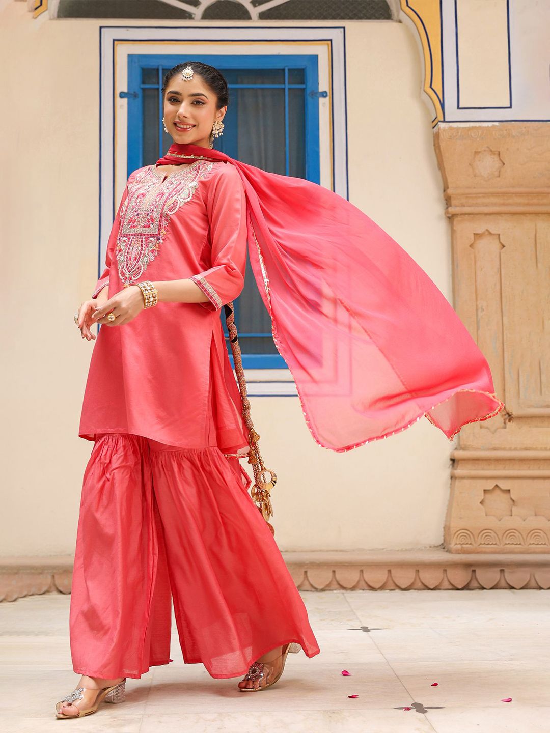Dhiyona SC Women Coral Chanderi Silk Embroidered Kurta with Sharara & With Dupatta