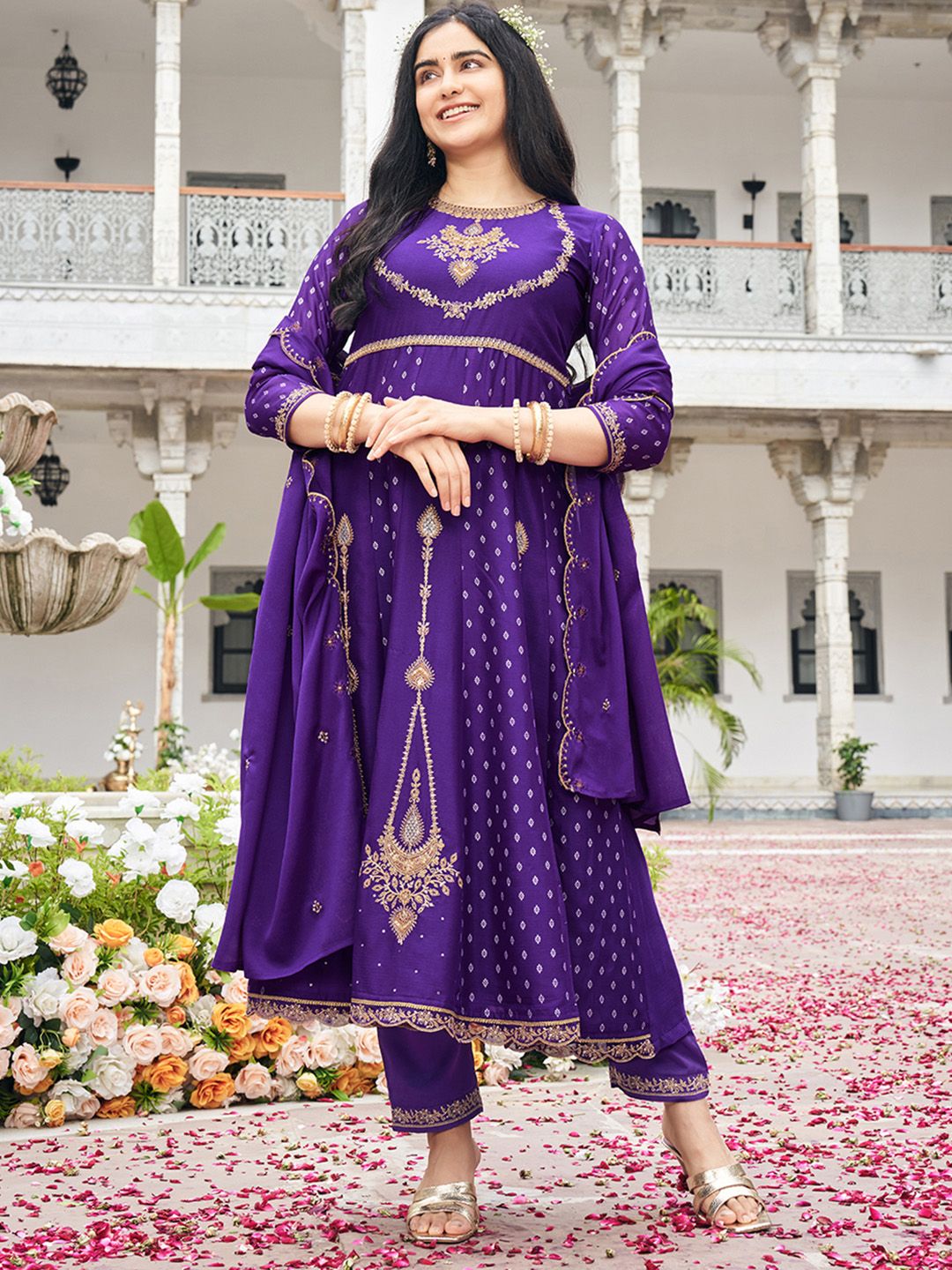 Dhiyona CH Embroidered Round Neck Chinon Thread Work Anarkali Kurta With Palazzos & Dupatta