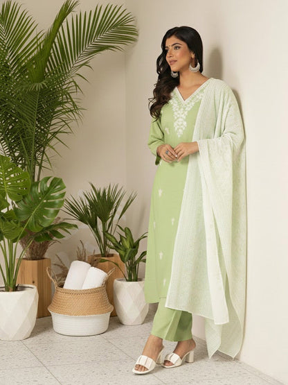Embroidered V-Neck Kurta & Trousers With Dupatta