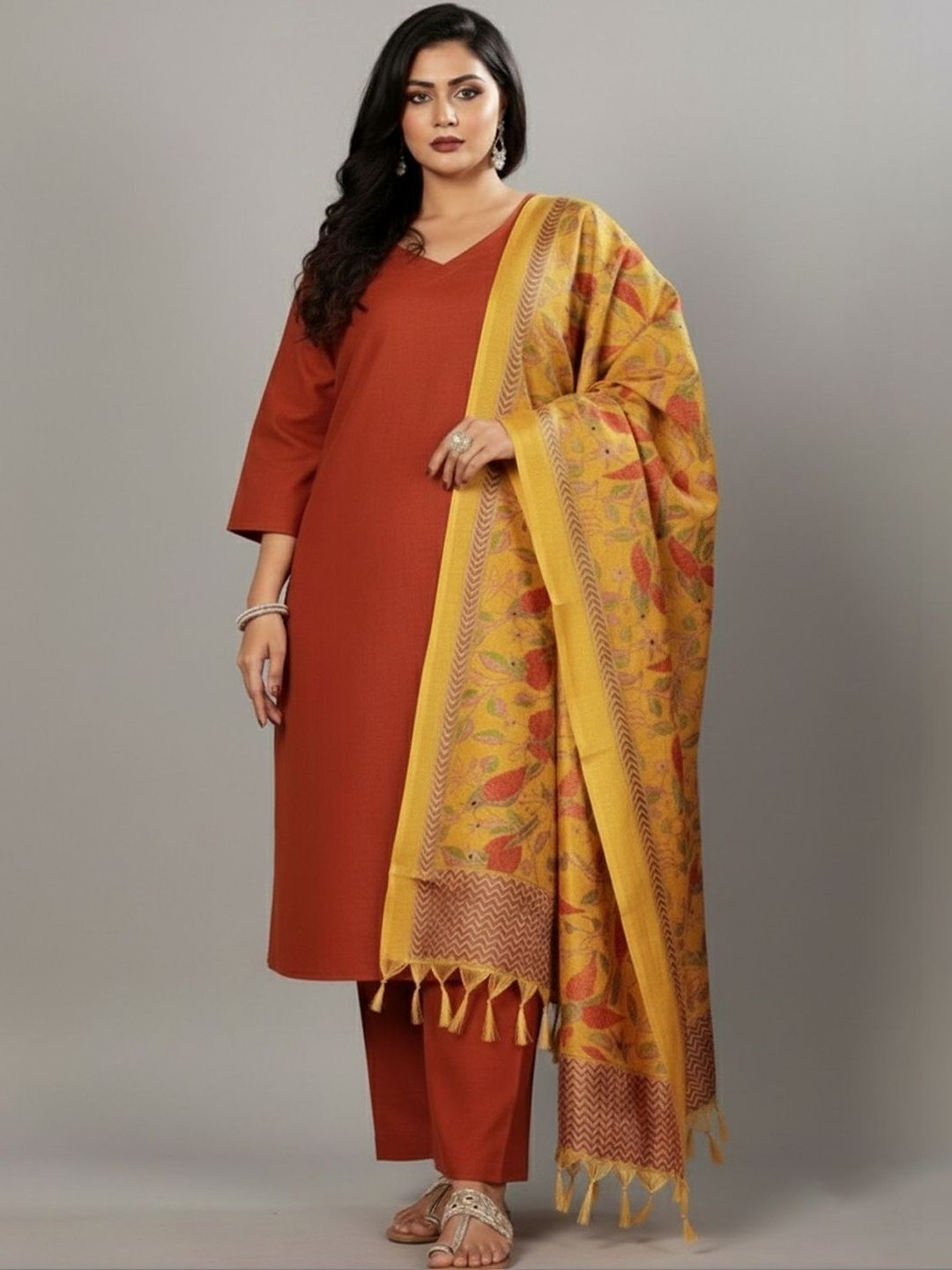 Rust Women Floral Regular Kurta with Trousers & With Dupatta