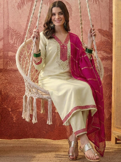 Embroidered V-Neck Kurta Trousers & Dupatta