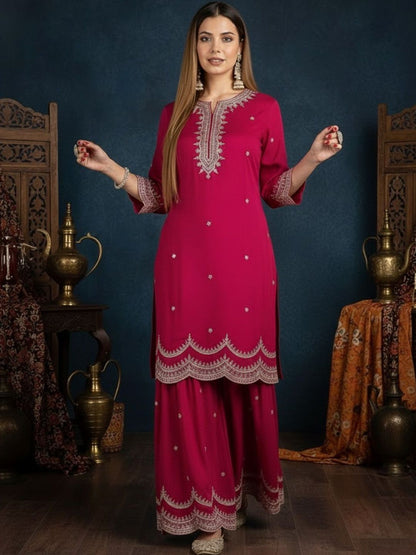 Dhiyona SN Embroidered Round Neck Straight Kurta & Sharara With Dupatta