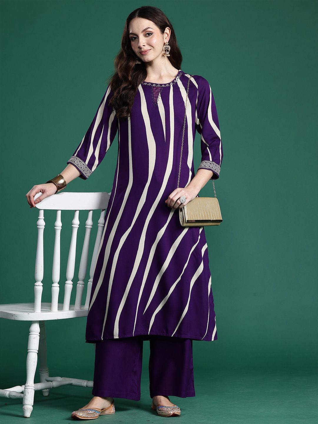 Dhiyona IE Printed Round Neck Straight Beads And Stones Kurta With Palazzos