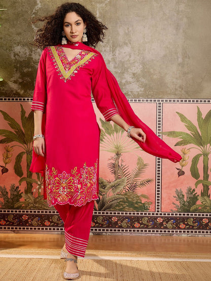 Embroidered Silk Blend V-Neck Kurta & Trousers Kurta Set