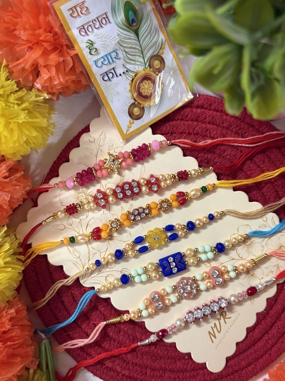 Dhiyona Set Of 7 Multicolor Designer Thread Rakhi With Roli Chawal Chandan Mishri