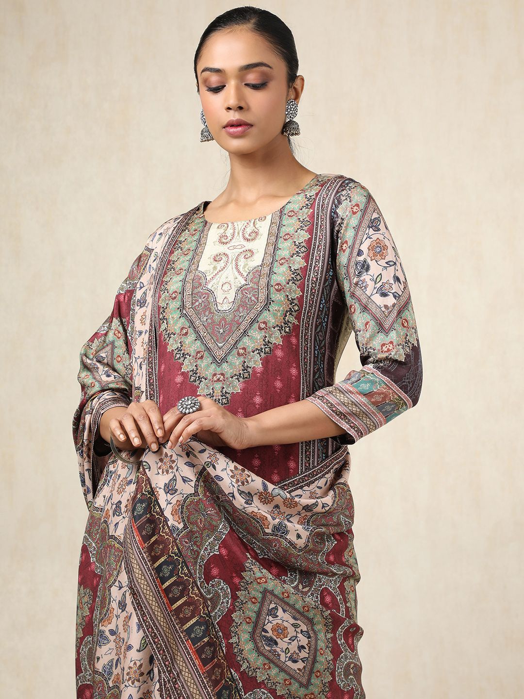 Dhiyona SO Women's Ethnic Motifs Printed Beads and Stones Pure Cotton Kurta With Trousers & Dupatta