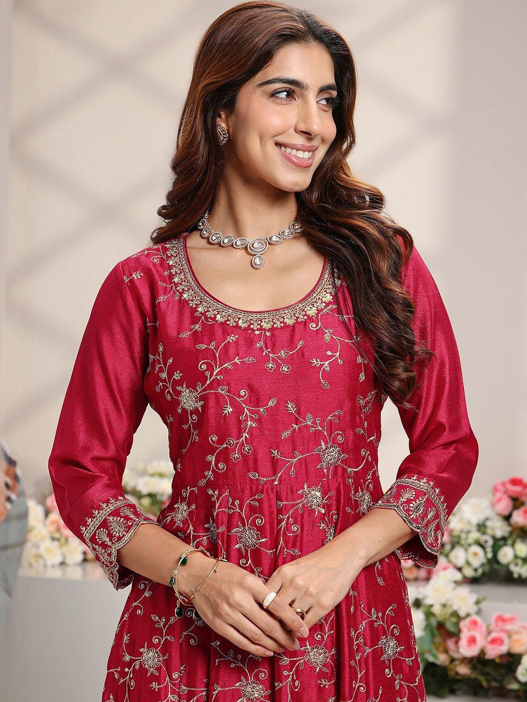Red Floral Embroidered Anarkali Suit Set with Dupatta