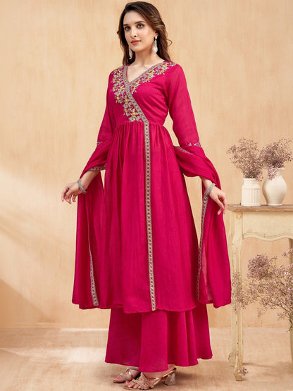 Embroidered V-Neck Kurta & Palazzos With Dupatta