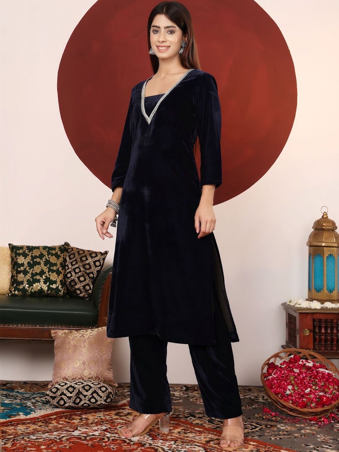 Navy Blue Women Regular Gotta Patti Velvet Kurta with Trousers