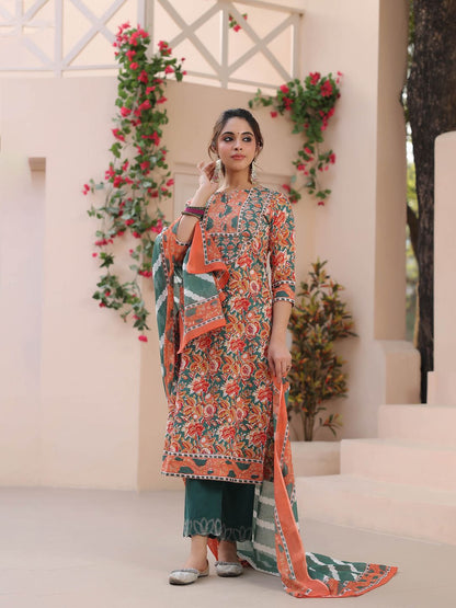 Dhiyona RR Women's Floral Printed Regular Pure Cotton Kurta with Trousers & With Dupatta