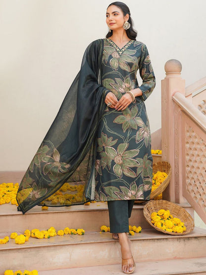 Dhiyona KL Floral Printed V-Neck Straight Kurta With Trousers And Dupatta
