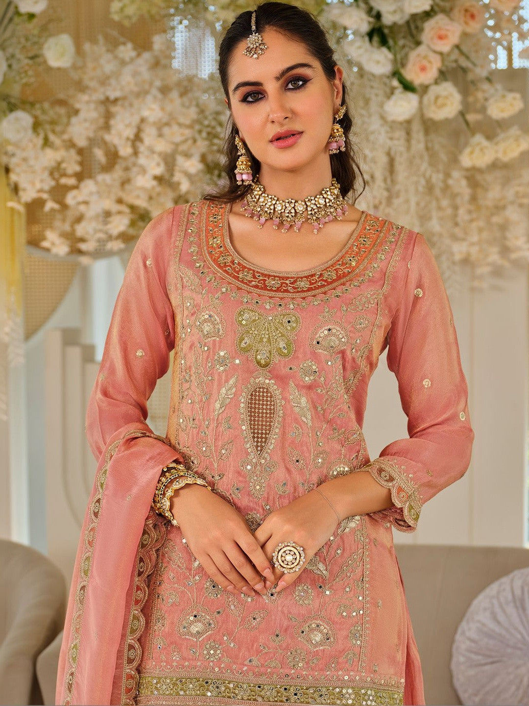 Women Ethnic Motifs Embroidered Regular Thread Work Kurta with Sharara & With Dupatta