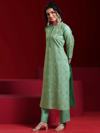 Women's LB Art Green Embroidered Chanderi Silk Straight Suit With Dupatta