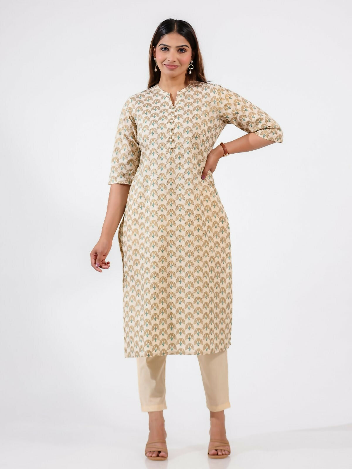 Women's Straight Soft Cotton Floral Print Women's Kurta Set - Off White