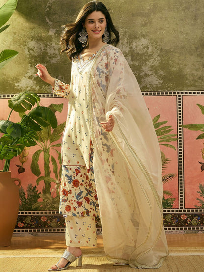 Printed Round Neck Kurta Trousers & Dupatta