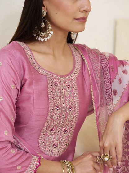 Dhiyona CH Embroidered U-Neck Anarkali Mirror Work Kurta With Trousers & Dupatta