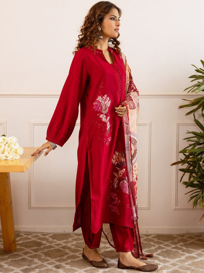 Embellished Straight Kurta With Trousers & Dupatta