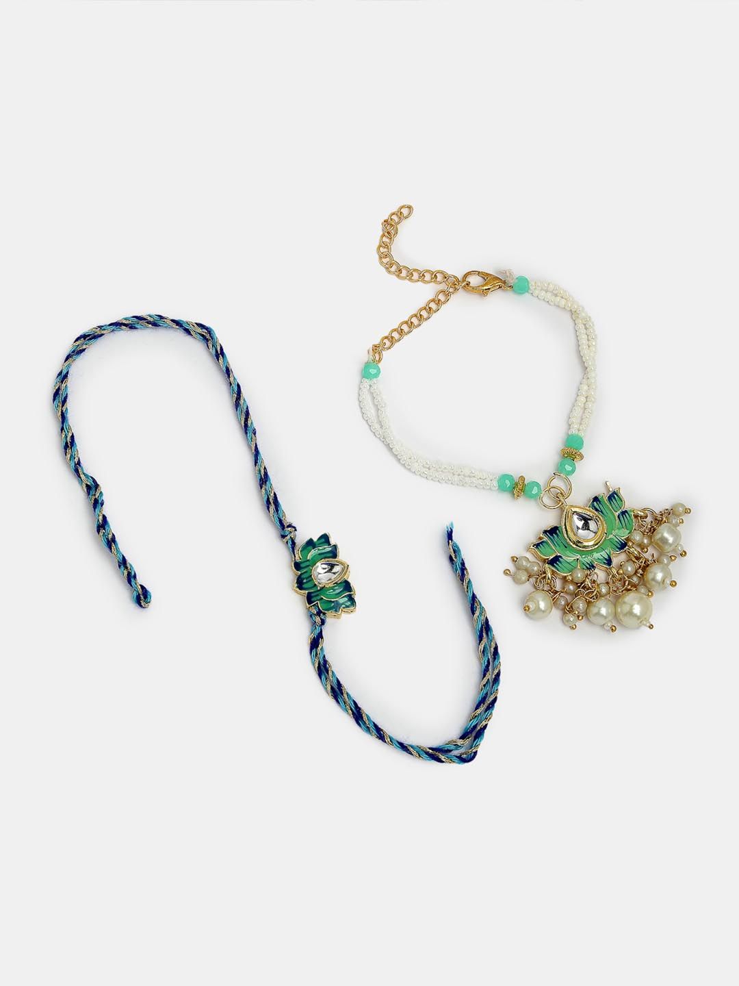 Dhiyona Unisex Set Of 2 Turquoise Blue Lotus Shape Kundan-Studded Handcrafted Rakhi Set