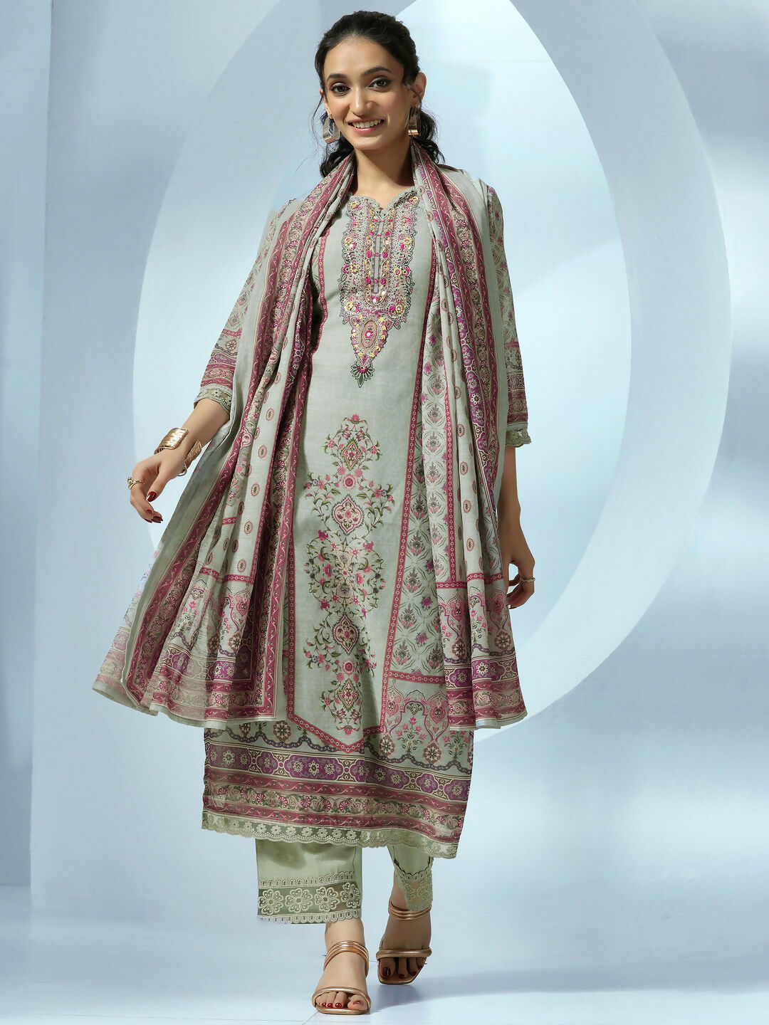 Women's LB Grey Printed Linen Straight Suit With Dupatta