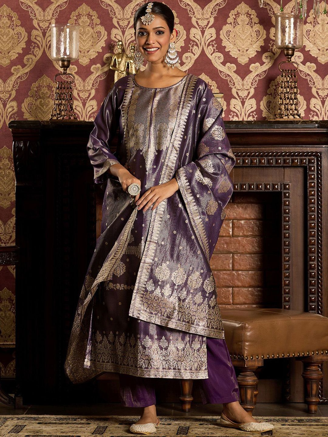 Dhiyona IE Ethnic Motifs Woven Design Zari Straight Kurta With Trousers & Dupatta