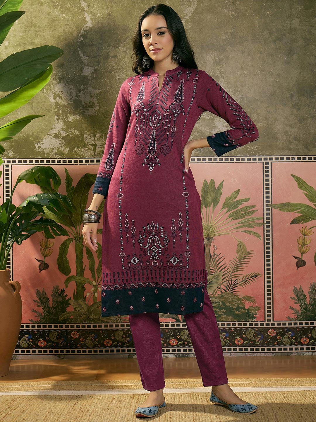 Women Winter Ethnic Motifs Printed Regular Kurta With Trousers & Dupatta