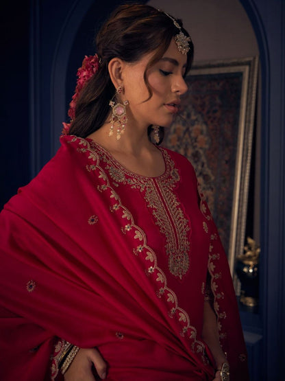 Dhiyona CH Floral Embroidered Straight Sequinned Kurta With Palazzos & Dupatta