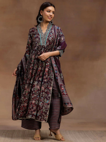 Women's LB Burgundy Printed Silk Blend A-Line Kurta With Palazzos & Dupatta