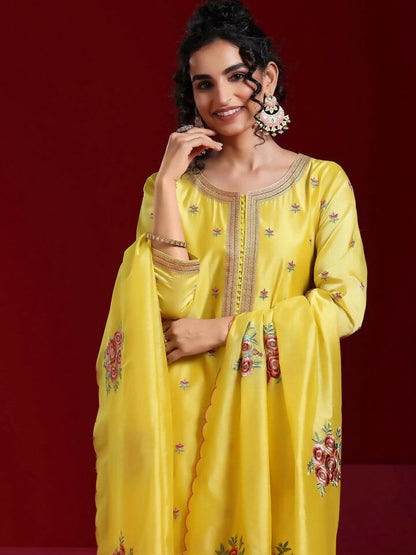 Women's LB Art Yellow Embroidered Chanderi Silk Straight Suit With Dupatta