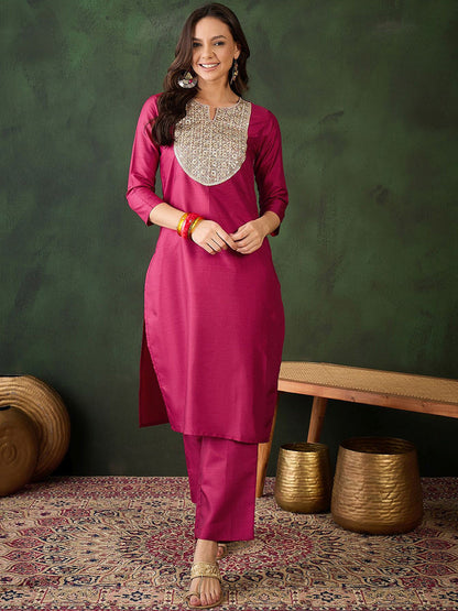 Women Embroidered Straight Kurta & Trousers