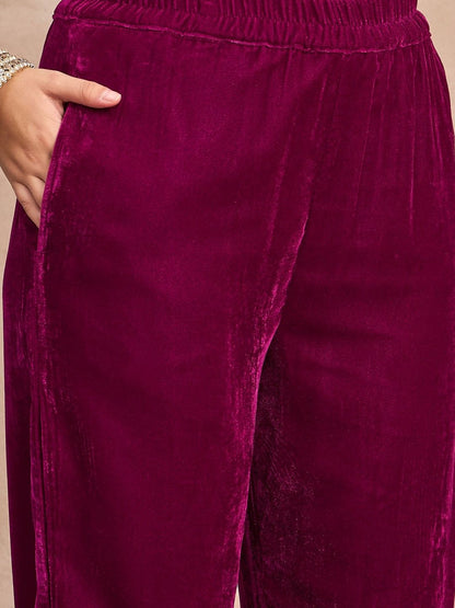 Purple Women Ethnic Motifs Embroidered Regular Thread Work Velvet Kurta with Trousers