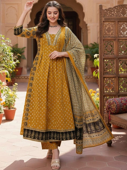 Dhiyona KL Women Ethnic Motifs Printed Regular Kurta with Trousers & With Dupatta