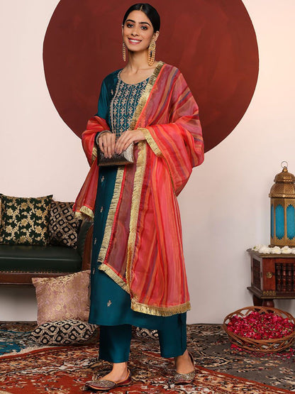 Dhiyona VA Women's Ethnic Motifs Embroidered Regular Thread Work Kurta with Trousers & With Dupatta