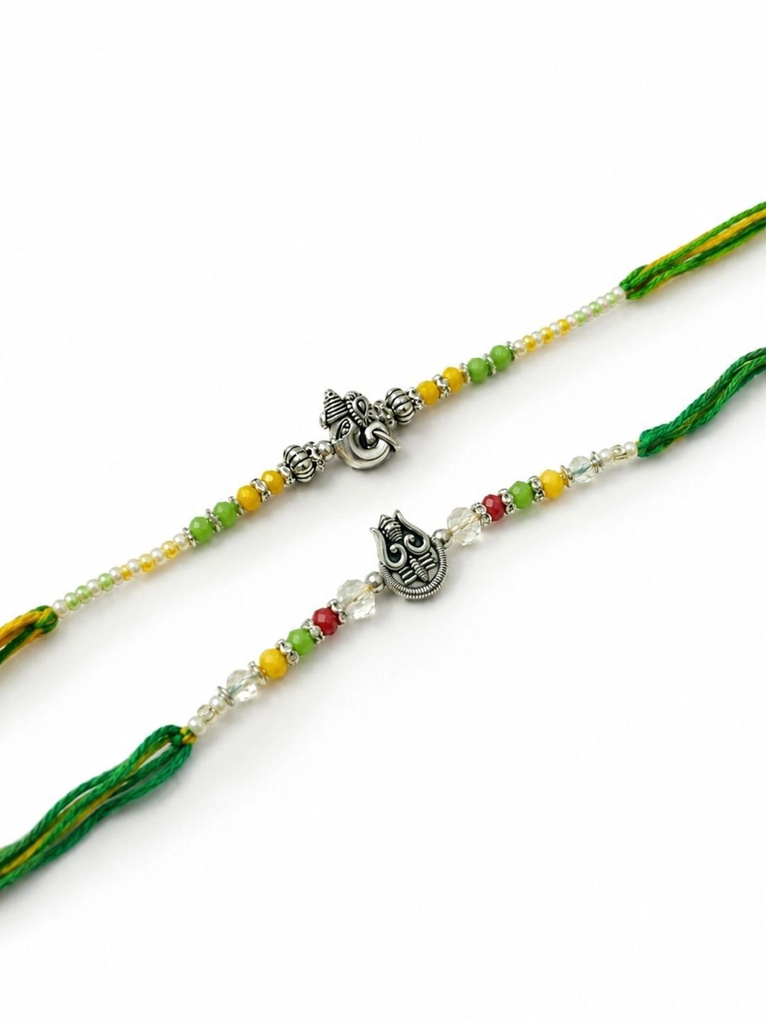 Dhiyona Set Of 2 Multicolor Religious Thread Rakhi With Roli Chawal Chandan Mishri