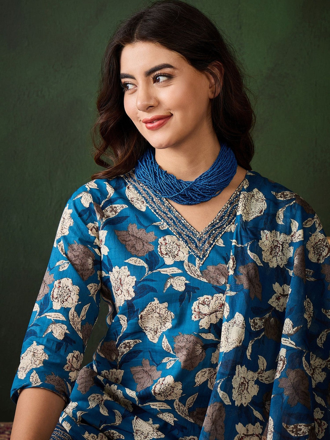 Printed Pure Cotton V-Neck Kurta & Trousers Kurta Set