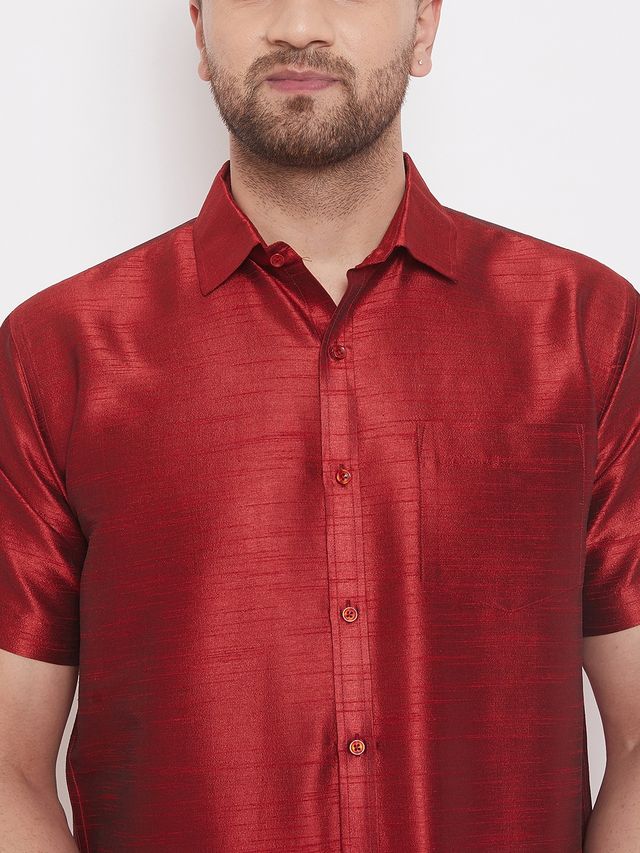 Men's Maroon Silk Blend Straight Ethnic Shirt