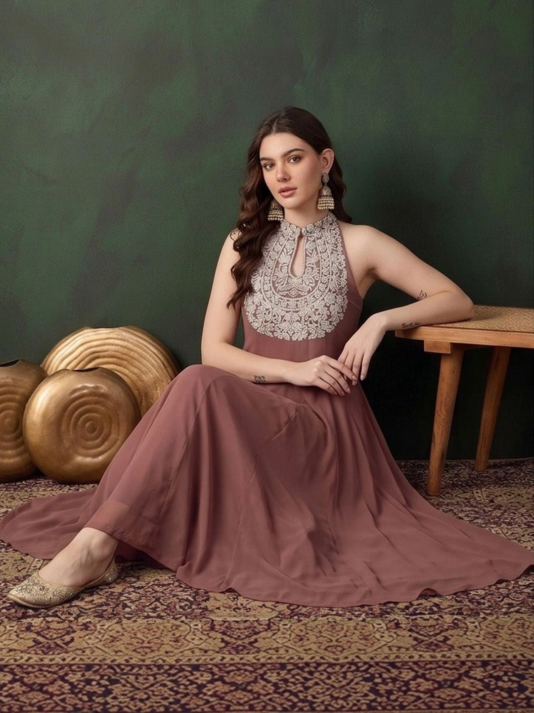 Women Ethnic Motifs Embroidered Regular Thread Work Silk Georgette Kurta with Palazzos