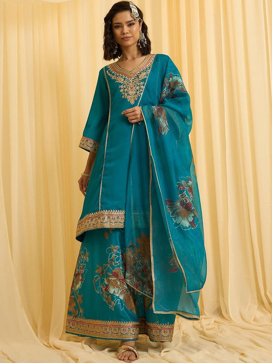 Dhiyona CH Women Floral Embroidered Regular Thread Work Kurta with Palazzos & With Dupatta