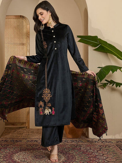 Winter Black Velvet Embroidered Shahi Mehfil Floral kurta trouser & Dupatta kurta sets