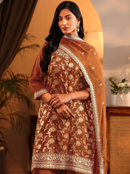 Dhiyona LL Women Floral Woven Design Thread Work Kurta with Palazzos & Dupatta