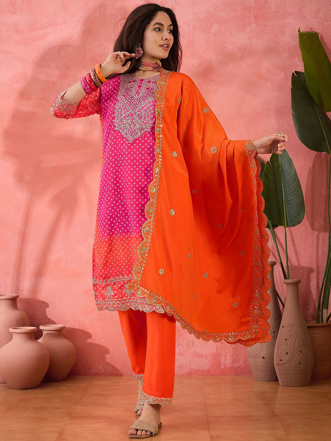 Bandhani Embroidered Round Neck Straight Kurta With Trousers & Dupatta