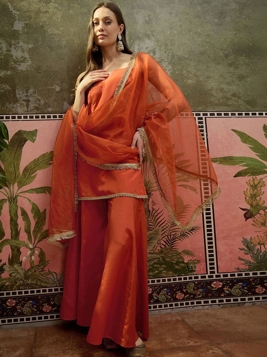 Embroidered Shantoon Shoulder Straps Kurti & Palazzos With Dupatta