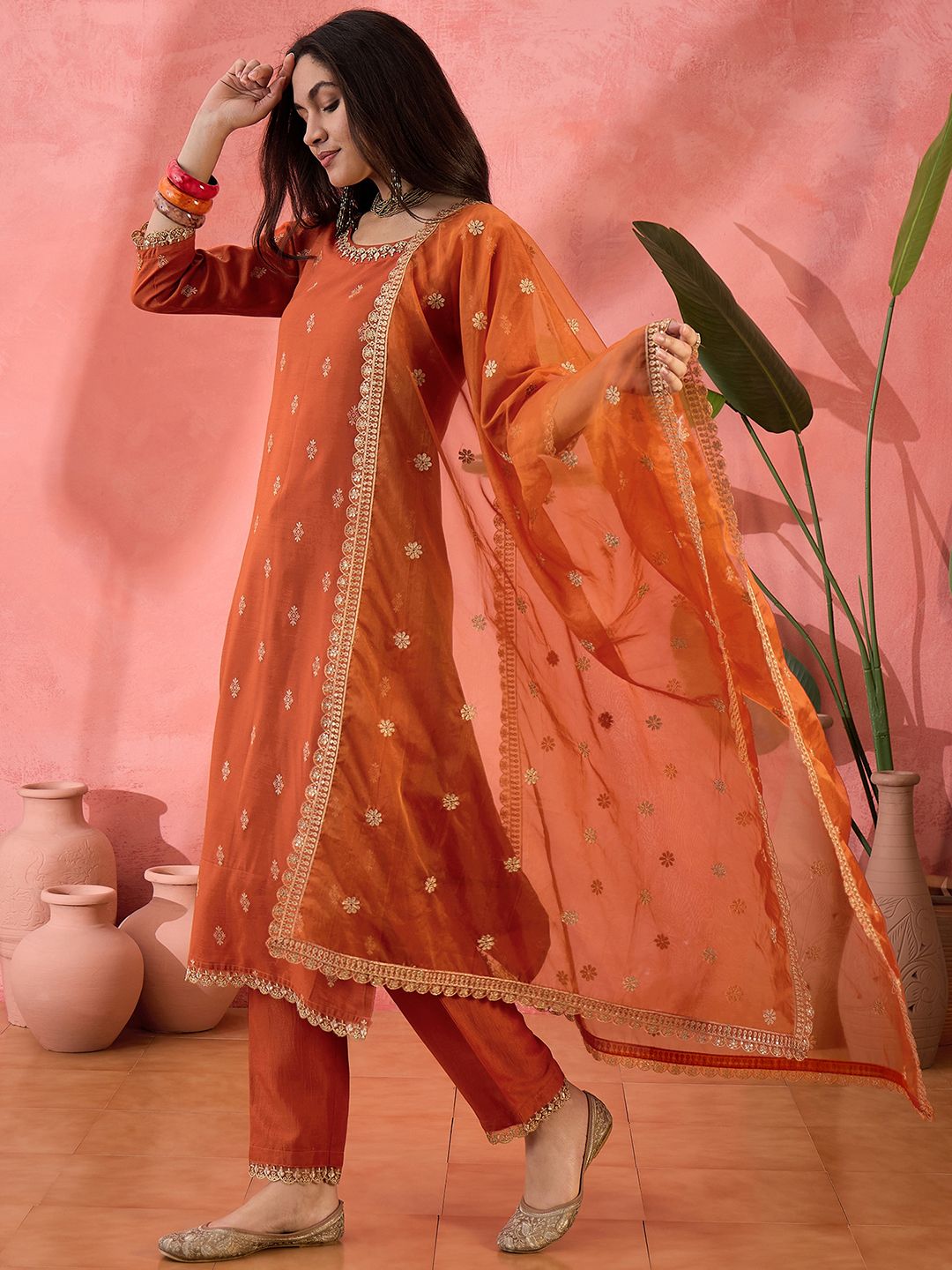 Dhiyona SN Women's Orange Ethnic Motifs Woven Design Sequinned Kurta With Trousers And Dupatta