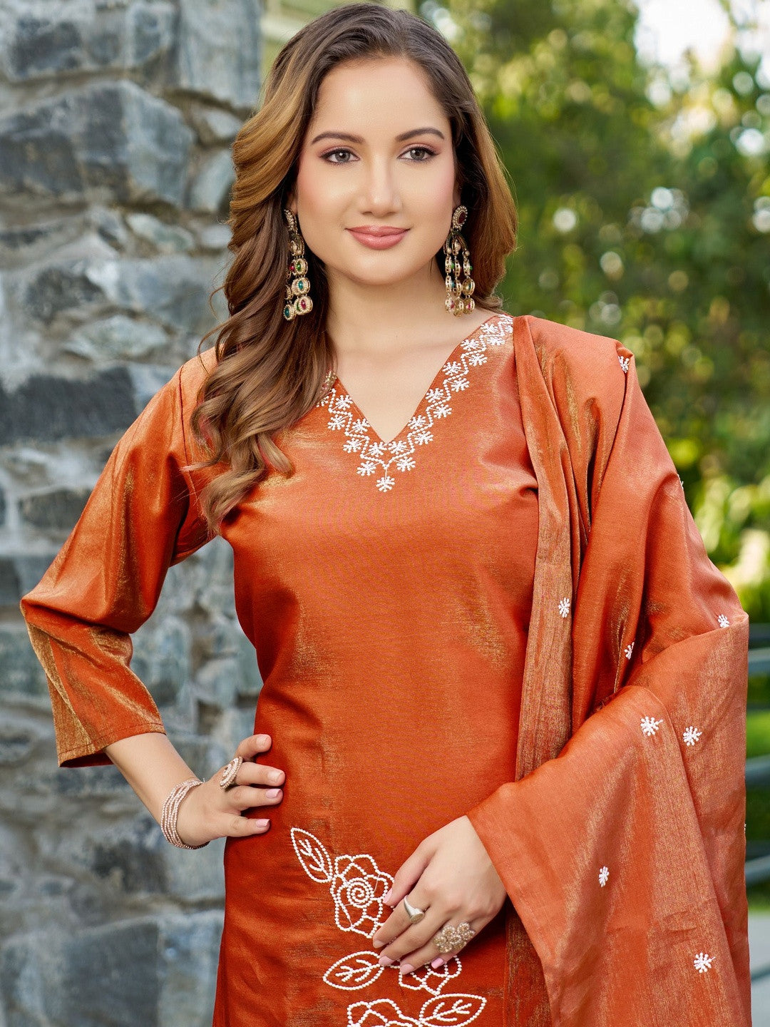 Embroidered Silk Georgette V-Neck Kurta & Trousers With Dupatta