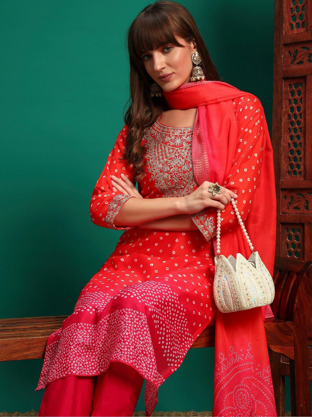 Women Ethnic Motifs Printed Regular Thread Work Kurta with Trousers & With Dupatta