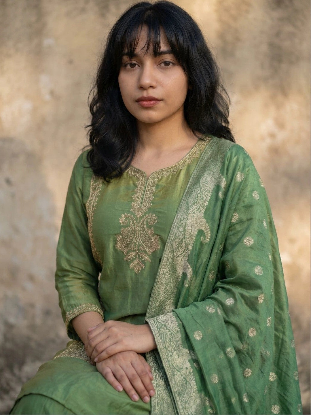 Women Ethnic Motifs Embroidered Regular Kurta with Sharara & With Dupatta