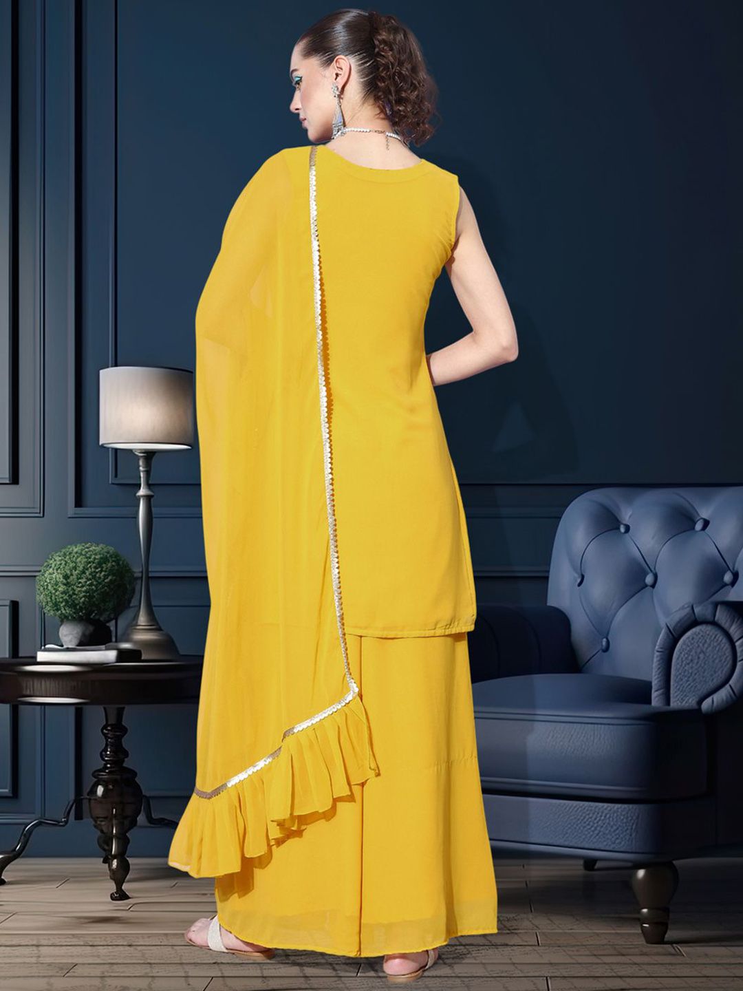 Dhiyona SN Floral Embroidered Sequinned Work Georgette Straight Kurta With Palazzo & Dupatta